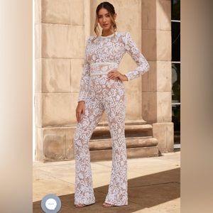 Nadine Merabi Bella White Sequined Jumpsuit